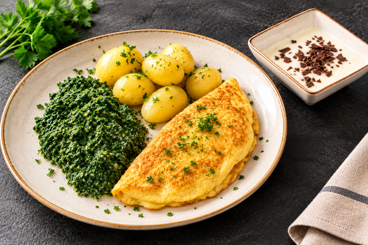 Omelette, Spinat, Salzer